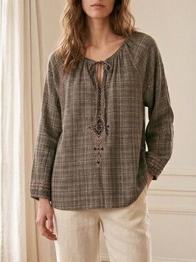 💎 Dylan Boho Woven Embroidered Peasant Top in Taupe Made in India Size M